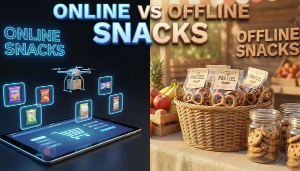 Online vs offline snacks comparison showing healthy snack choices and buying options