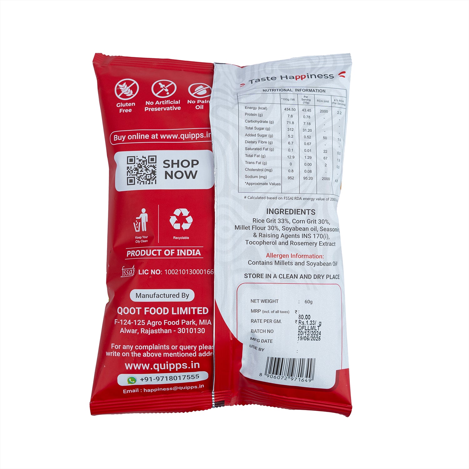 Back of Quipps Snack Pack with ingredients and nutrition info