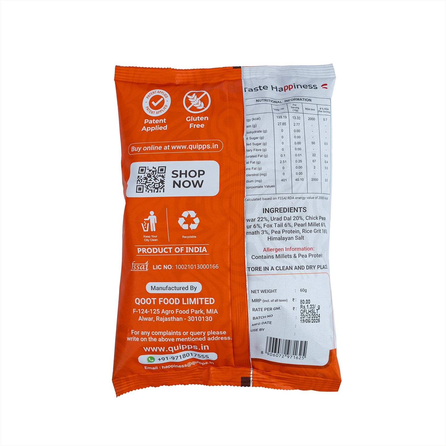 Back of Quipps Snack Pack with ingredients and nutrition info