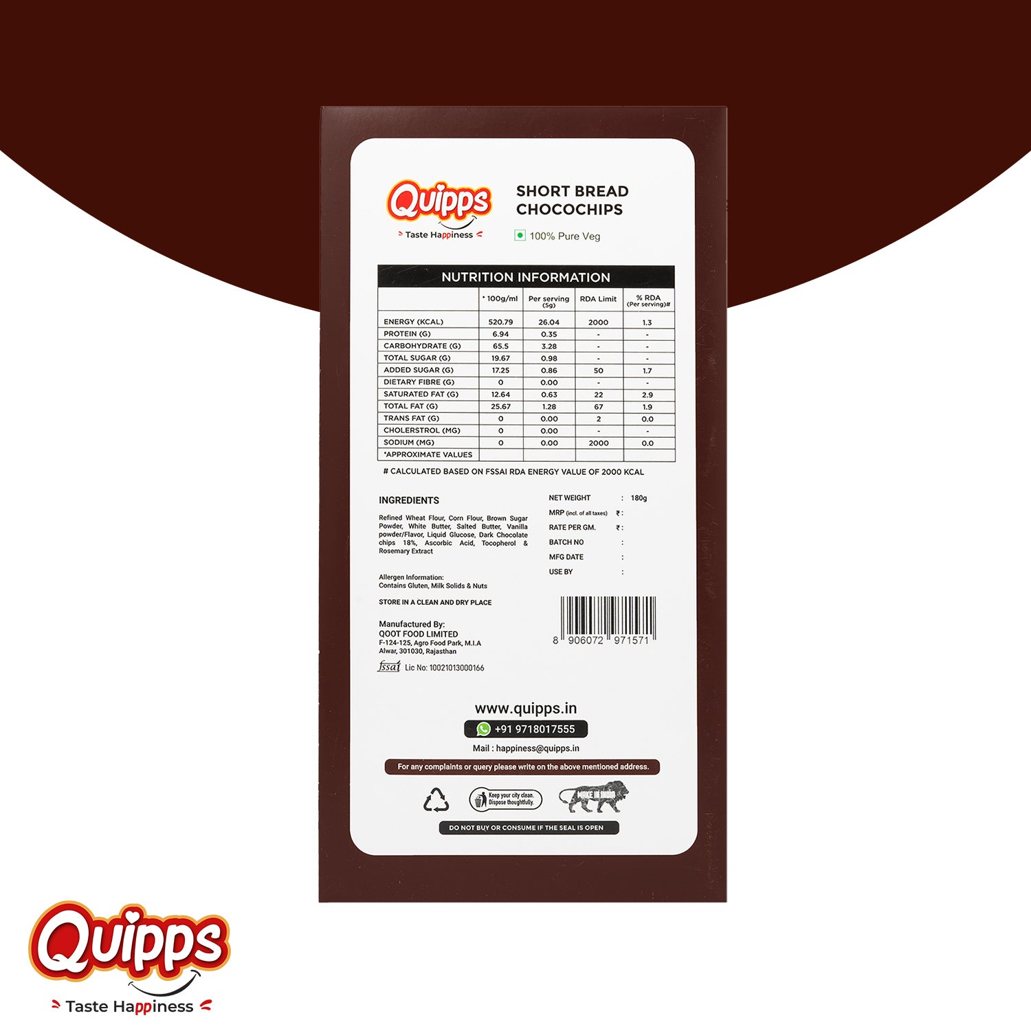 SHORT BREAD CHOCOCHIPS NUTRITION INFORMATION